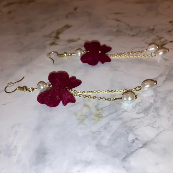 Burgundy Bow Pearl Dangling Statement Earrings Whimsy Coquette Spring Jewelry - Picture 5 of 10